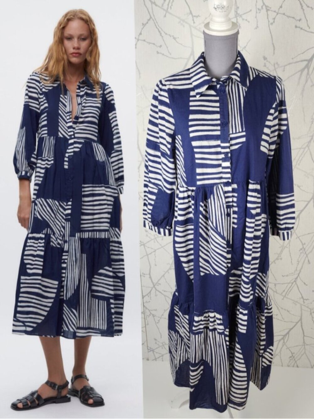 Zara Abstract Stripe Cotton Button Front Tiered Shirt Dress